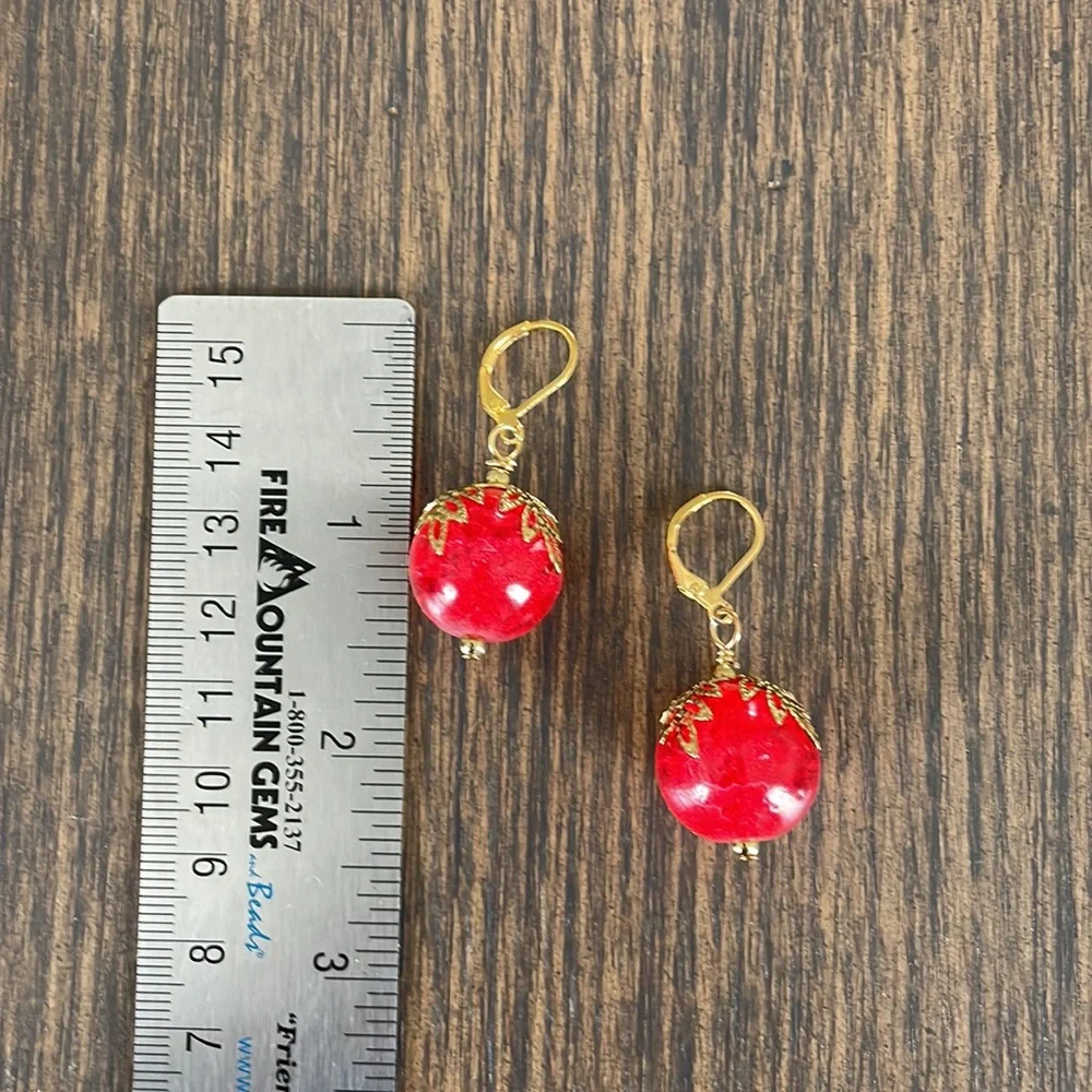 HAND CRAFTED EARRINGS Big Red Glass Marbles Gold Plated